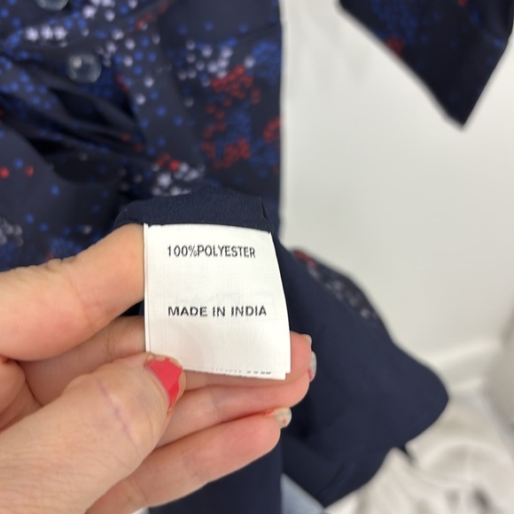 eShakti Red White Blue Star Pattern Navy Long Sleeve Belted Shirt Dress July 4th - Picture 8 of 8